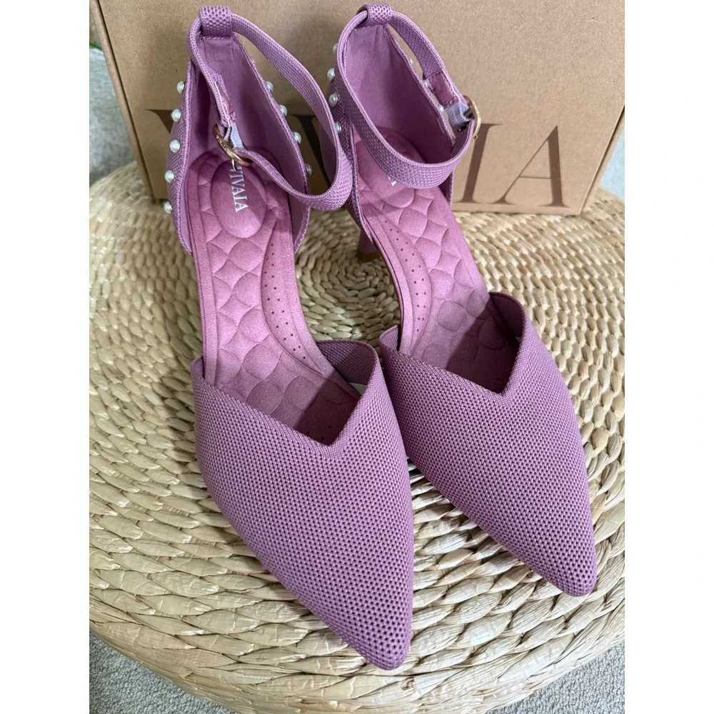VIVAIA Pink Mesh Pearl Ankle Strap Heels Pointed Toe Stiletto Pumps EU/40 US/9
